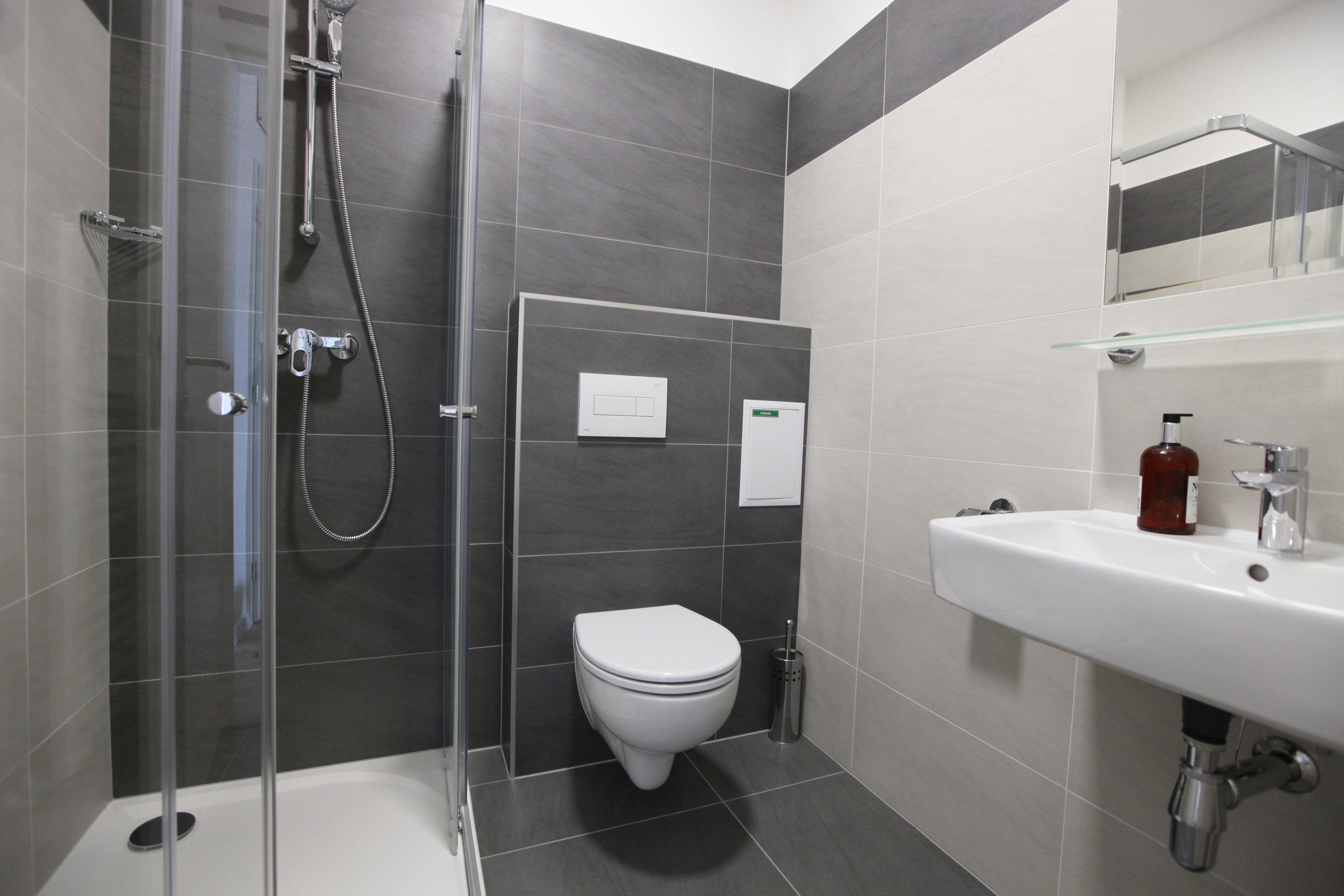 A modern bathroom with a glass-enclosed shower, a white toilet, and a sink with a soap dispenser.