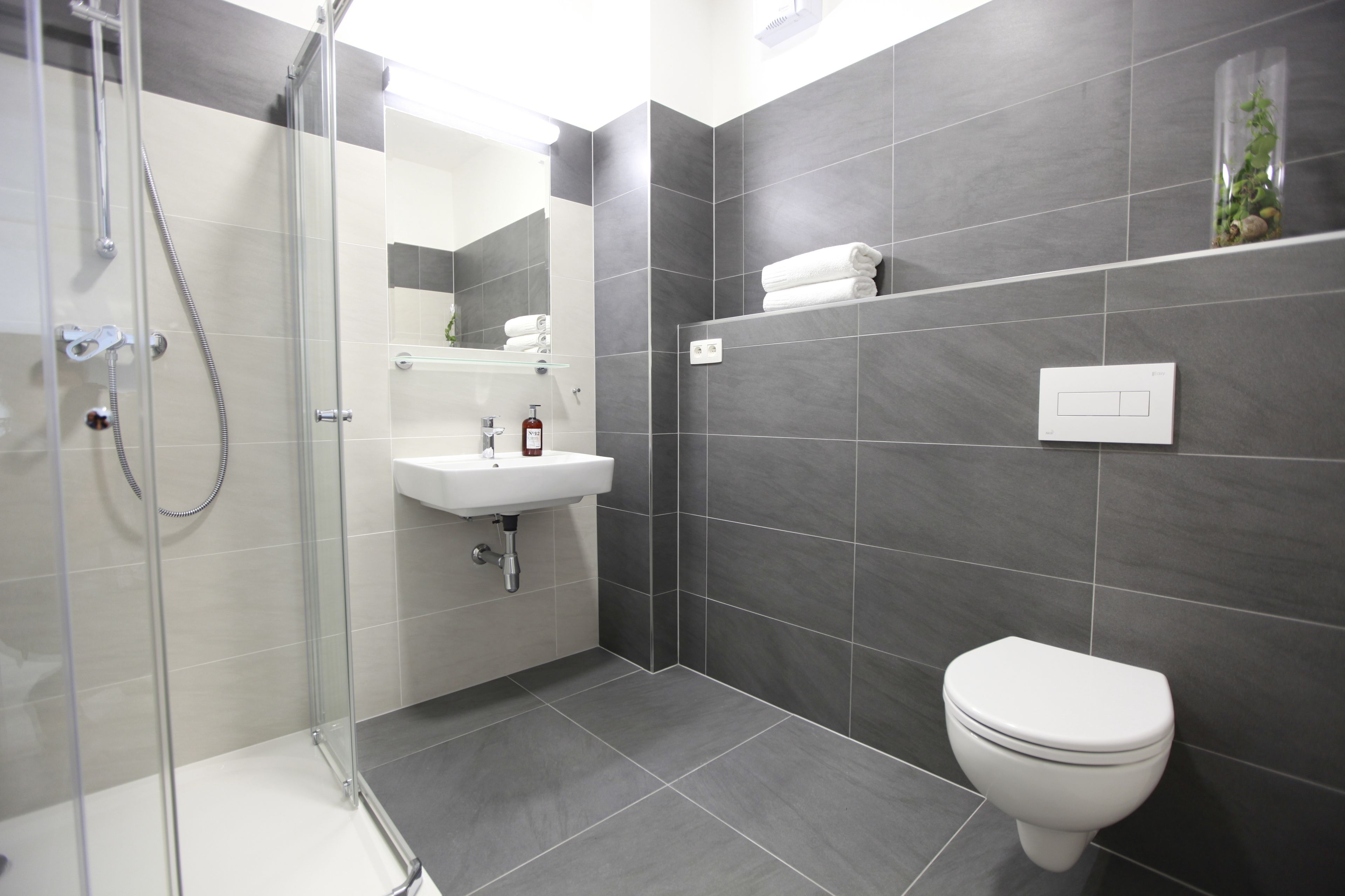 A modern bathroom with a glass-enclosed shower, a white sink, and a toilet.