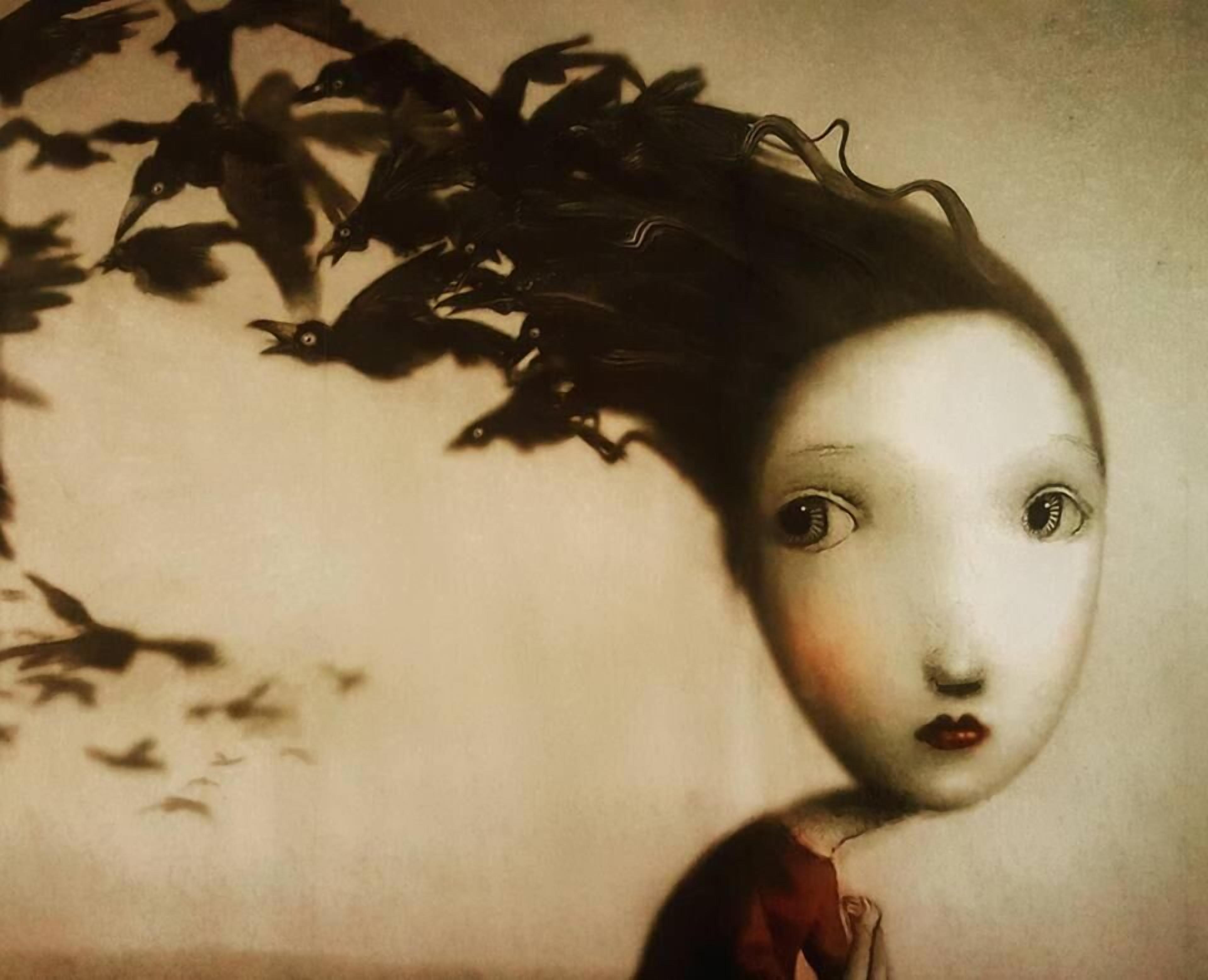 A vintage-style portrait with a blurred face, surrounded by dark, shadowy elements.