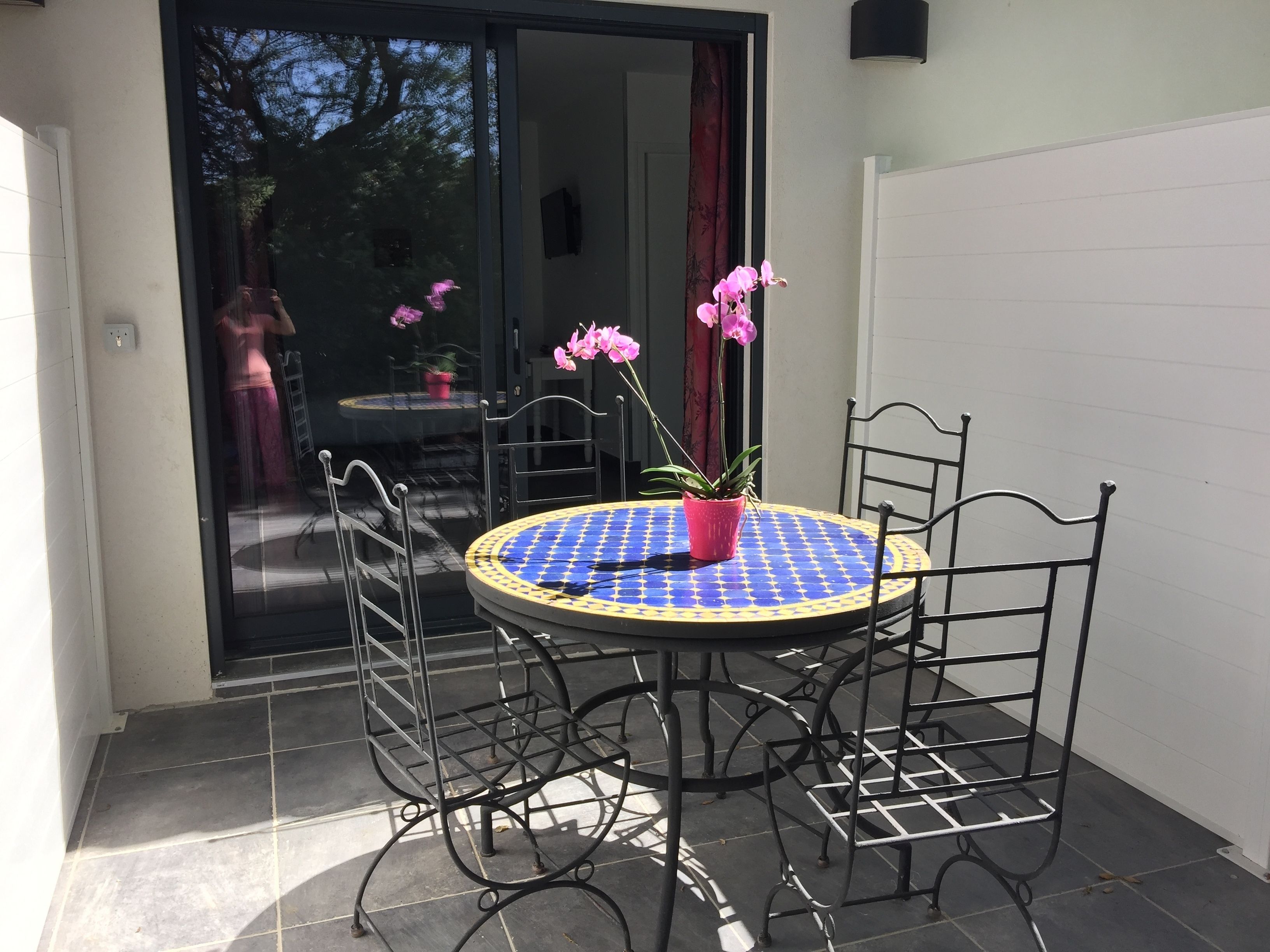 A round table with a blue and yellow patterned tablecloth, surrounded by four metal chairs with intricate designs. A potted plant with pink flowers is placed on the table.