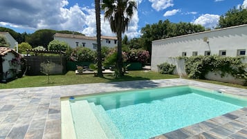 Seasonal outdoor pool, open 10:00 AM to 8:00 PM, sun loungers