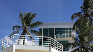 Ein modernes Gebäude mit überdachtem Außenbereich, Palmen und blauem Himmel.