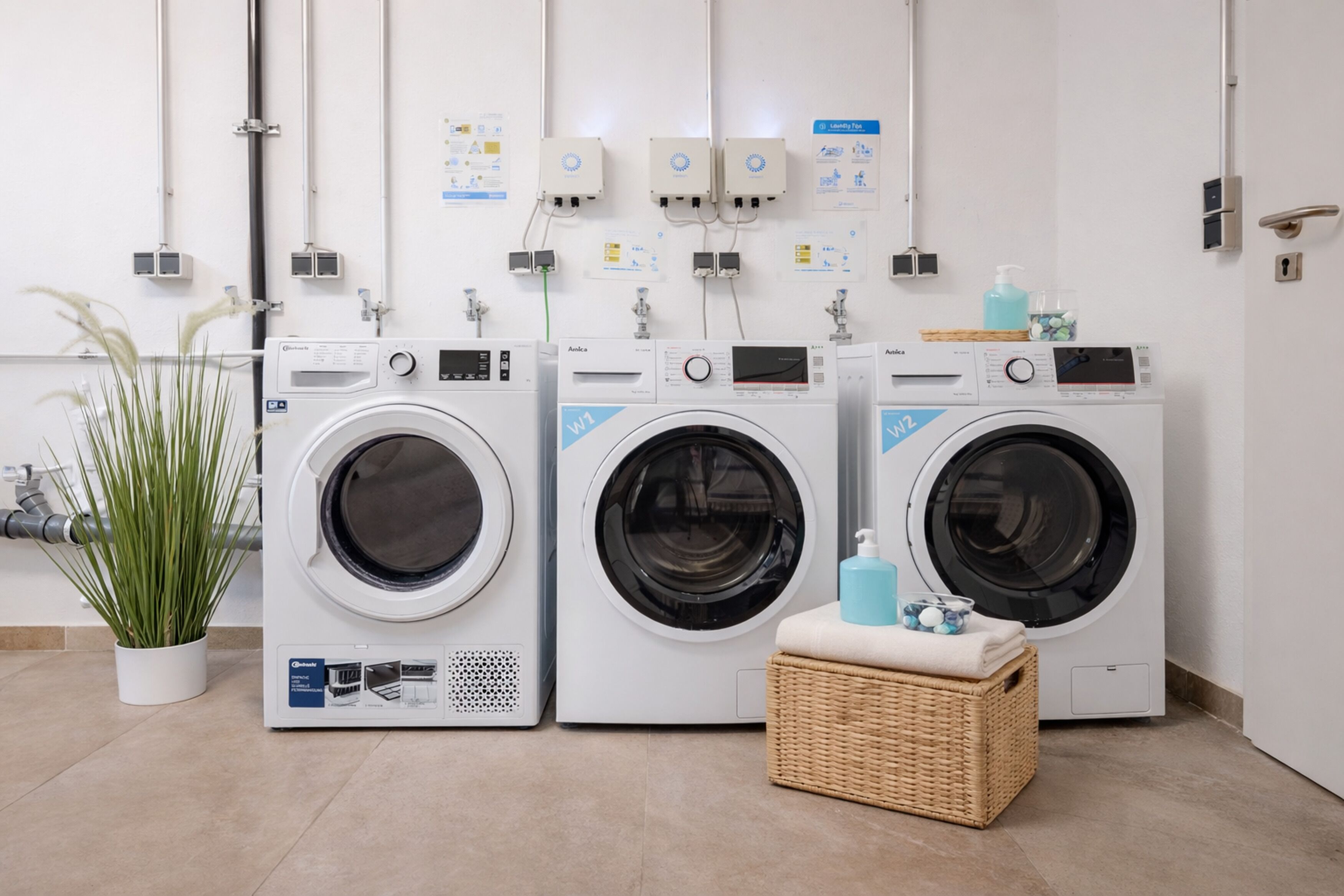 A laundry area with two front-loading washing machines, a potted plant, and a wicker basket with a bottle of soap.