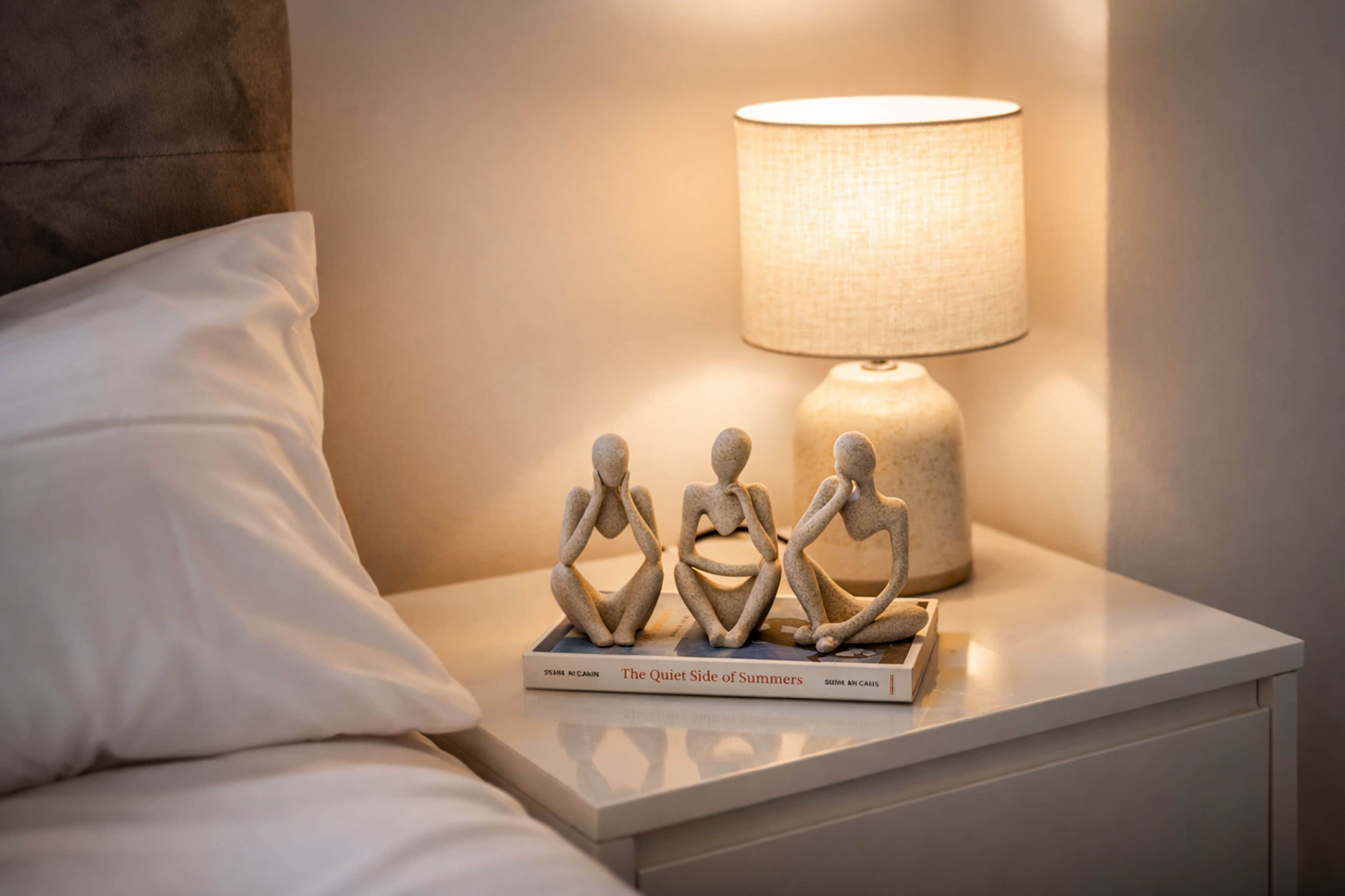 A bedside table with a lamp, a book titled "The Quiet Side of Summers," and three abstract sculptures.