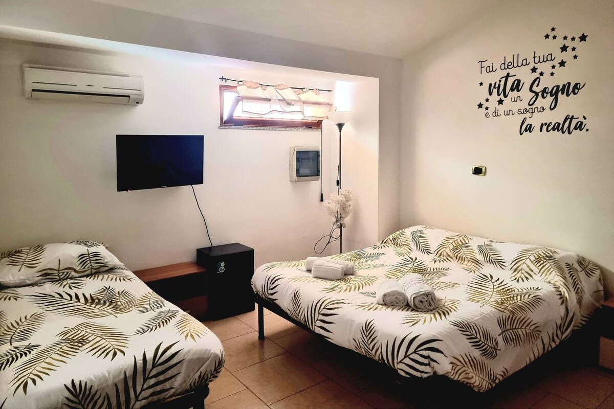 Een hotelkamer met twee bedden, een televisie, airconditioning, een nachtkastje, een lamp en een wanddecoratie.