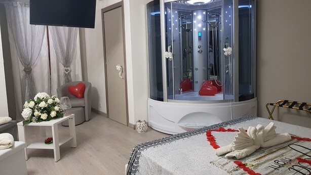 A modern hotel room with a large bed, a corner shower, a flat-screen TV, and a small table with a vase of flowers.