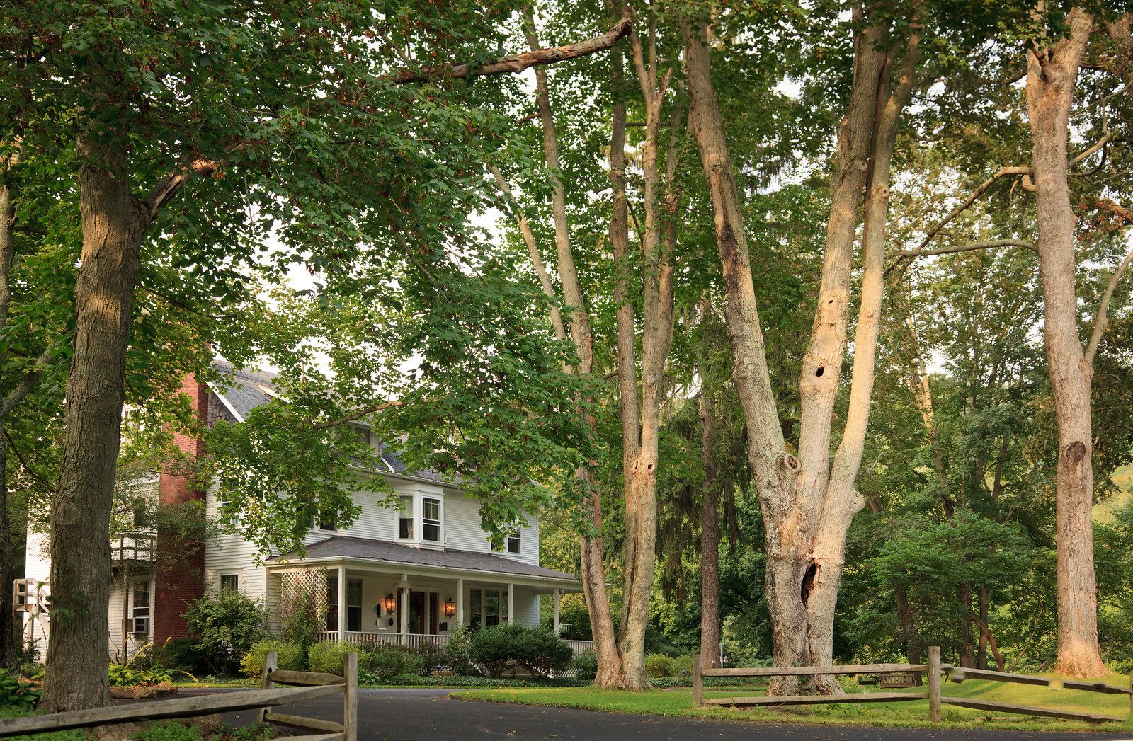 Une maison entourée de grands arbres, dotée d’un porche et d’une clôture.