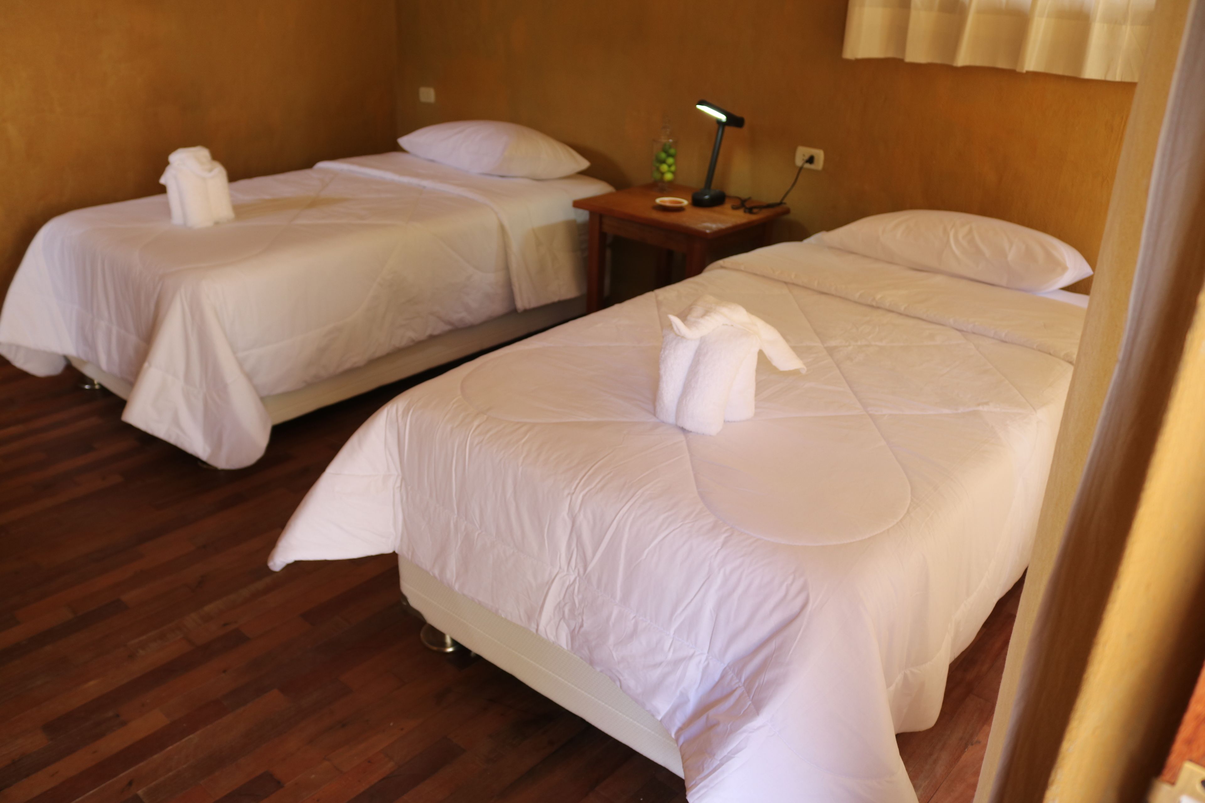 Two single beds with white linens and towels, a wooden nightstand with a lamp, and a wooden floor.