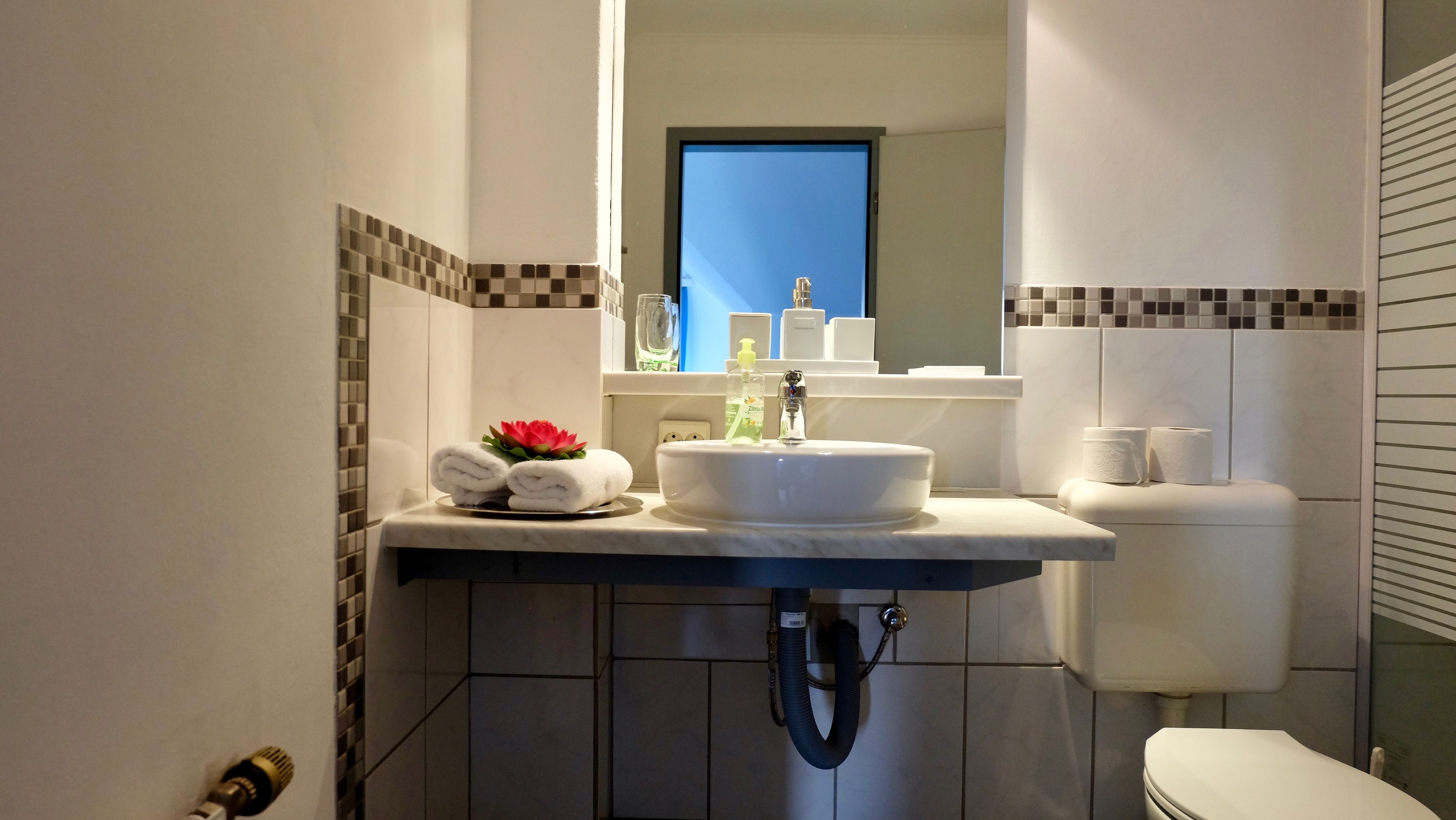A bathroom with a sink, toilet, and a mirror above the sink. There are towels and toiletries on the counter.
