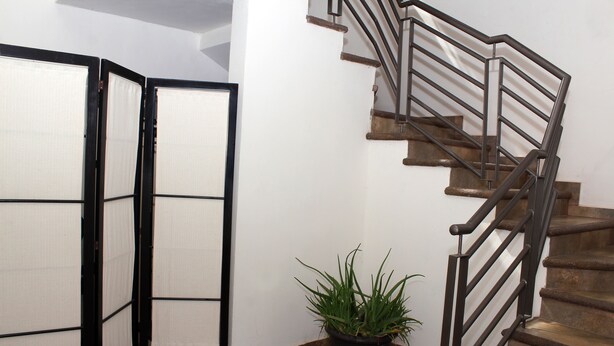 A staircase with metal railings and a potted plant beside it. - Hotel 15 Avenida (Tapachula)