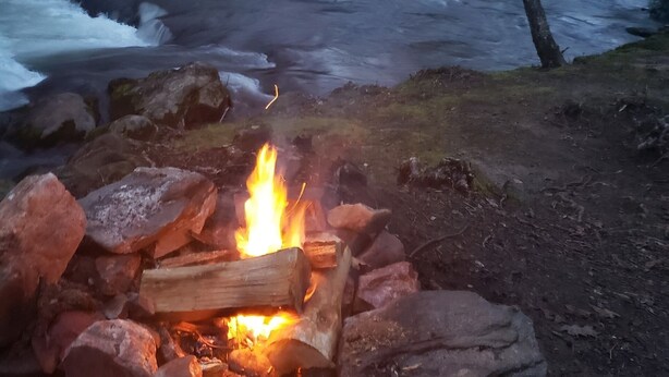 A campfire with logs and rocks, surrounded by a forested area with a river in the background.