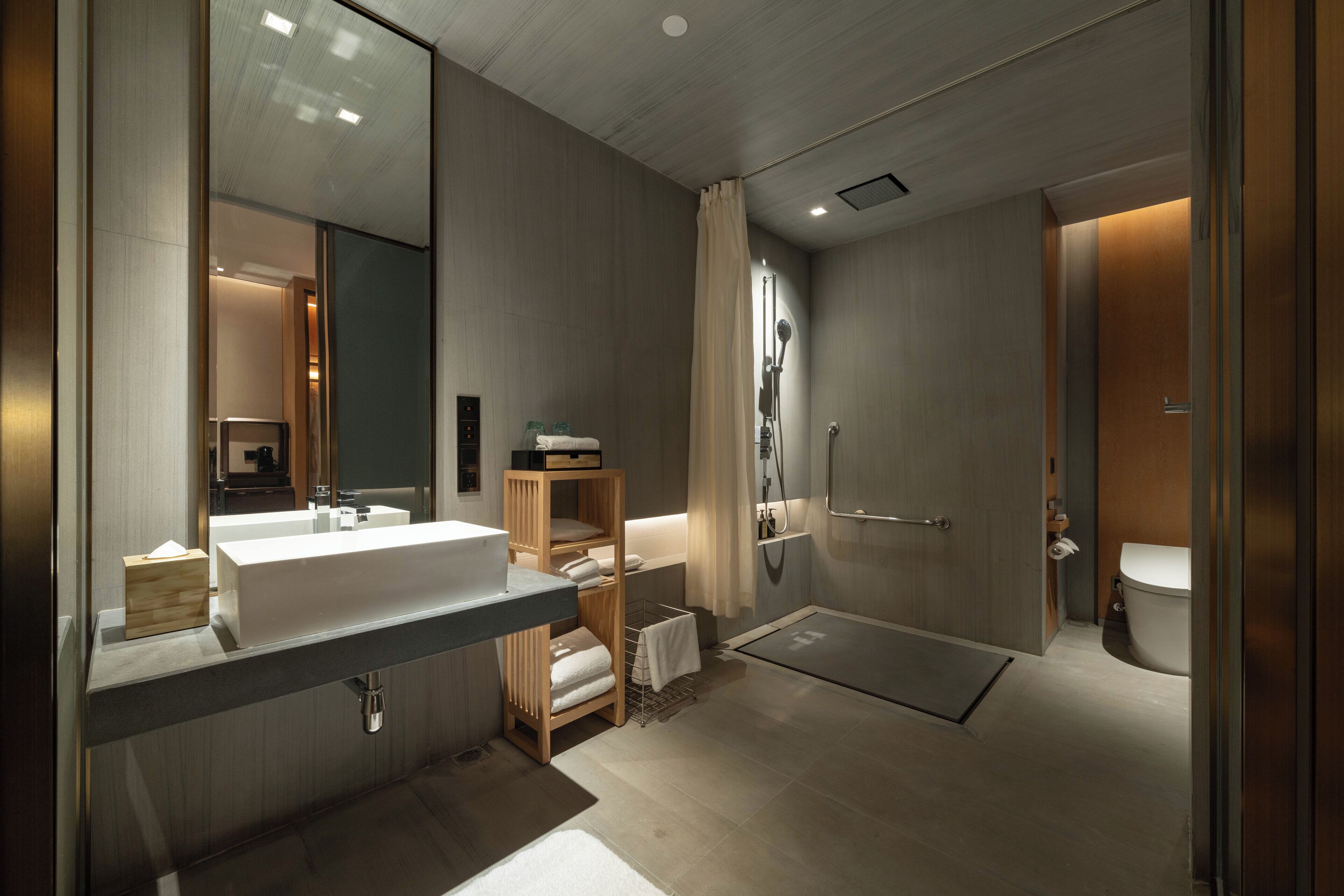 A modern bathroom with a large sink, mirror, shower, and toilet.