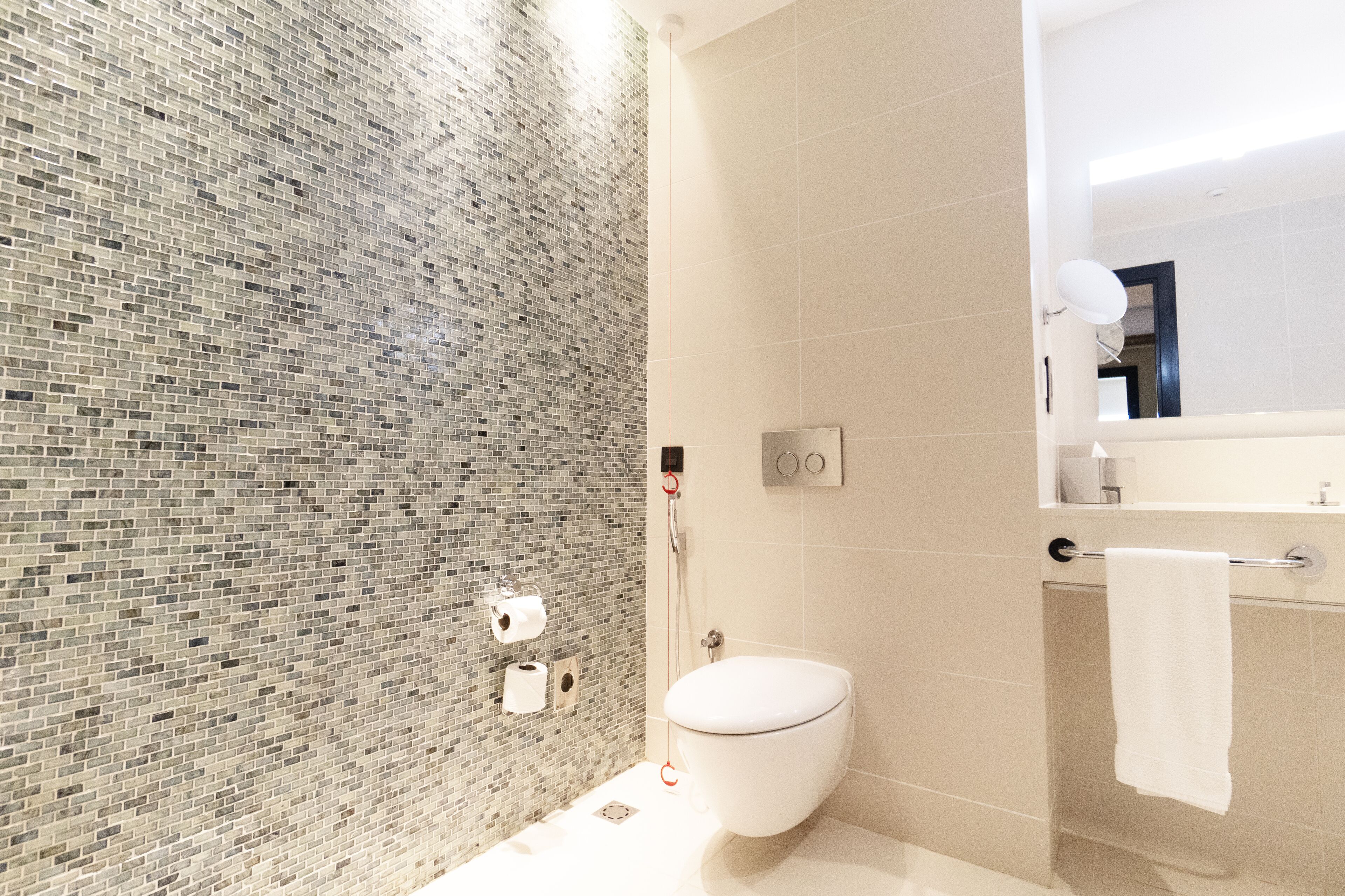 A bathroom with a mosaic tile wall, a toilet, a towel rack, and a mirror.