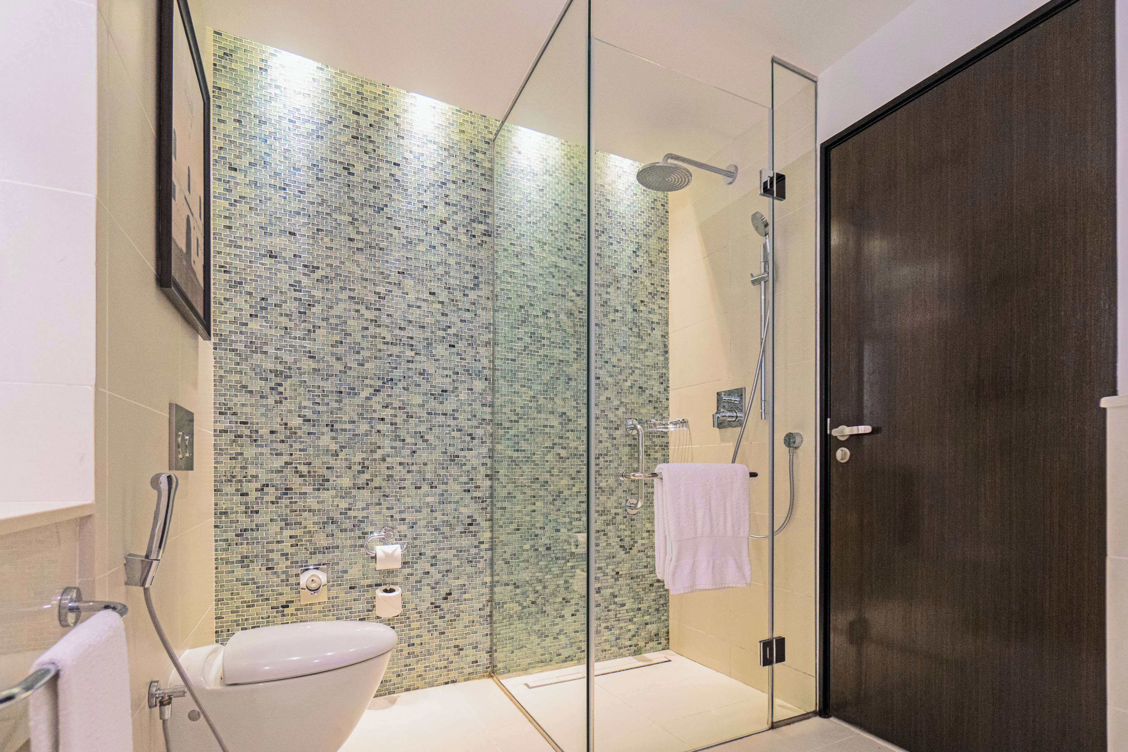 Ein modernes Badezimmer mit einer gläsernen Duschkabine, einer Toilette und einer dunklen Holztür.