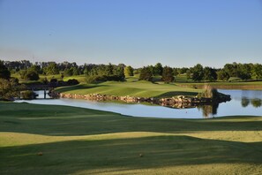 Ein Golfplatz mit Teich, Bäumen und einer Brücke.