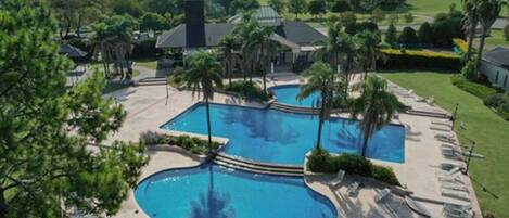 A large outdoor swimming pool with a circular section, surrounded by lounge chairs and palm trees.