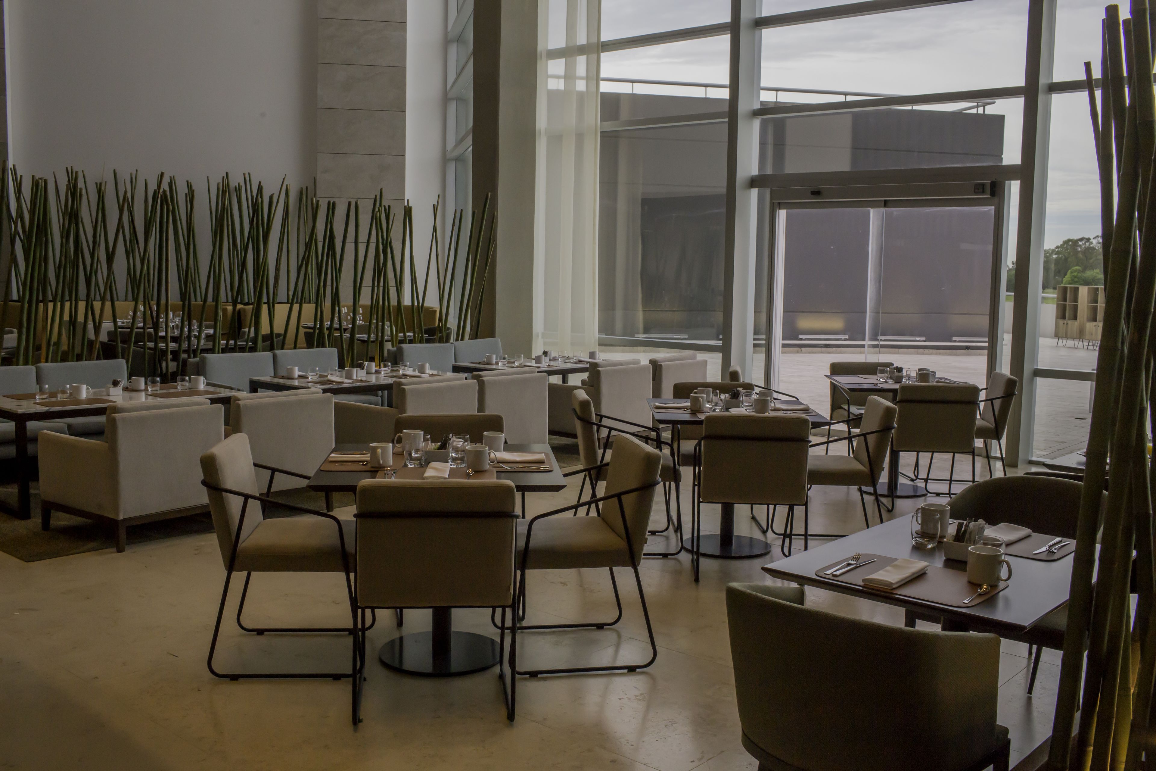 A modern dining area with multiple tables and chairs, large windows, and tall plants.