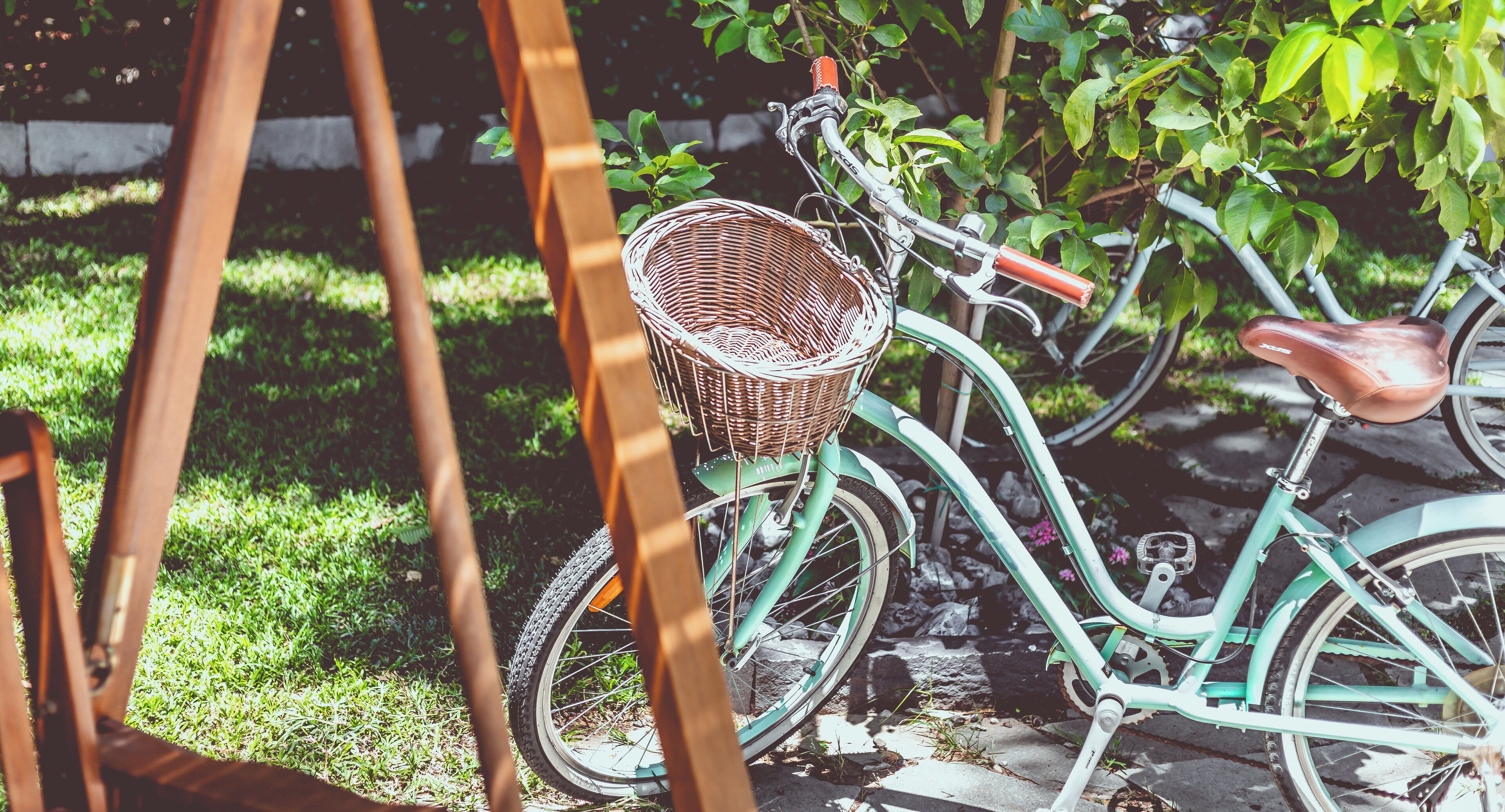 Ein altes Fahrrad mit einem Korbwannenaufsatz und einem Ledersitz, abgestellt auf befestigter Strecke, im Hintergrund Grün.