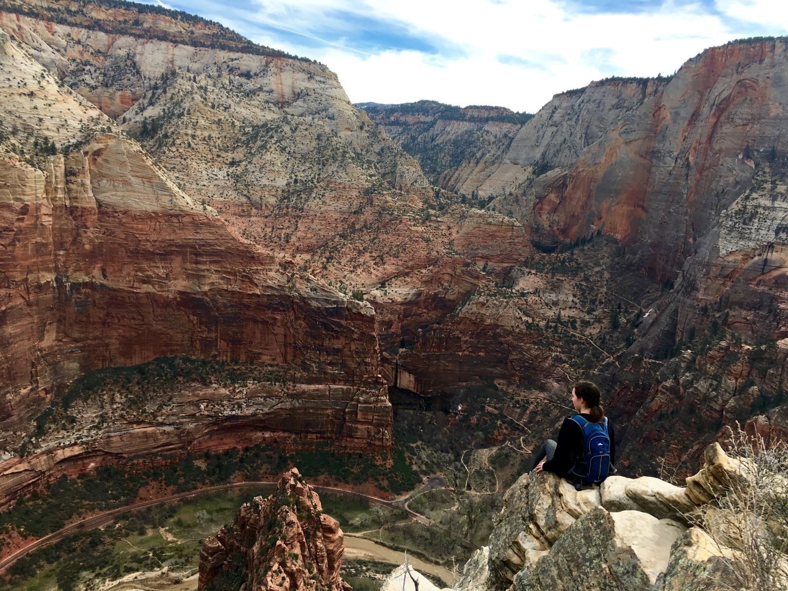 Una persona sentada sobre una roca, contemplando un cañón con formaciones rocosas estratificadas.