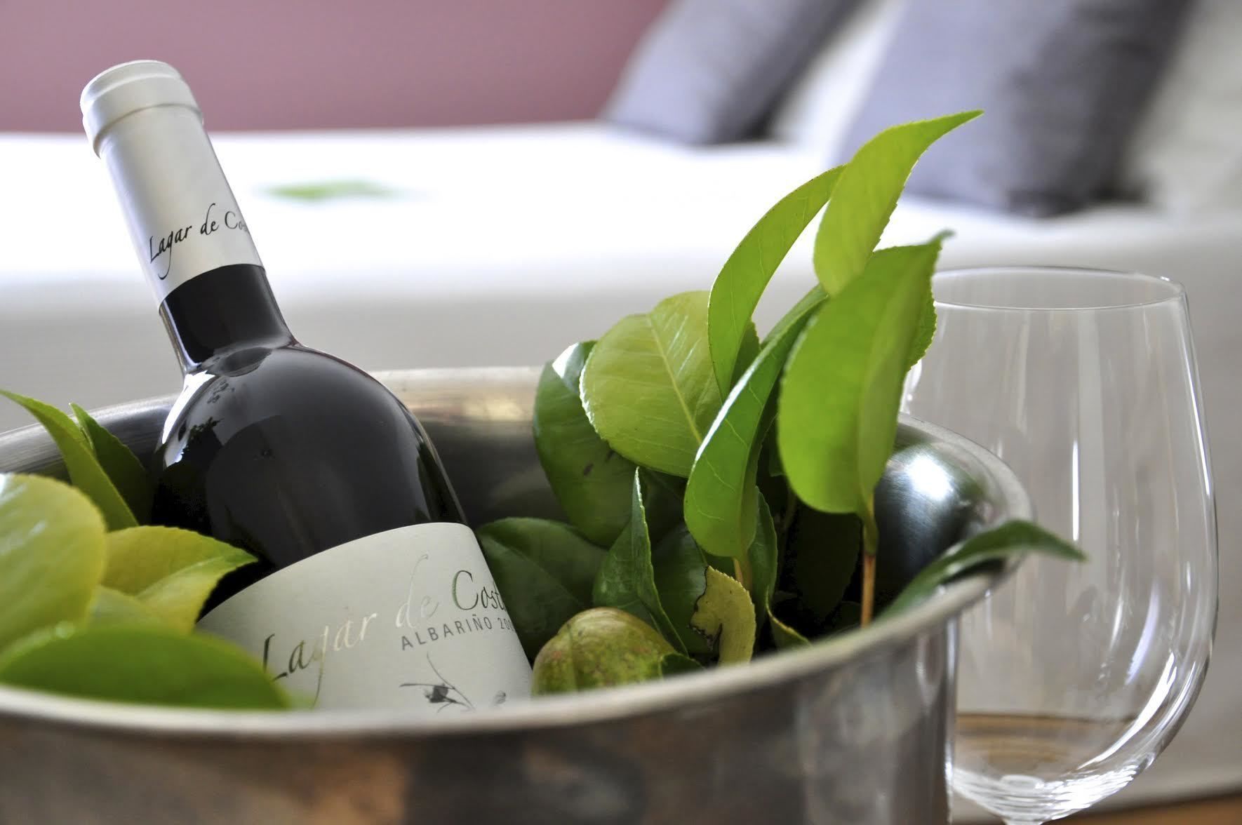 A bottle of wine and a glass in a metal container, surrounded by green leaves.
