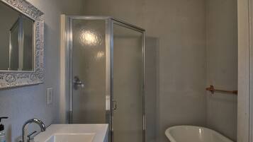 Un bagno con doccia vetrata, una vasca da bagno bianca e un lavandino con specchio.