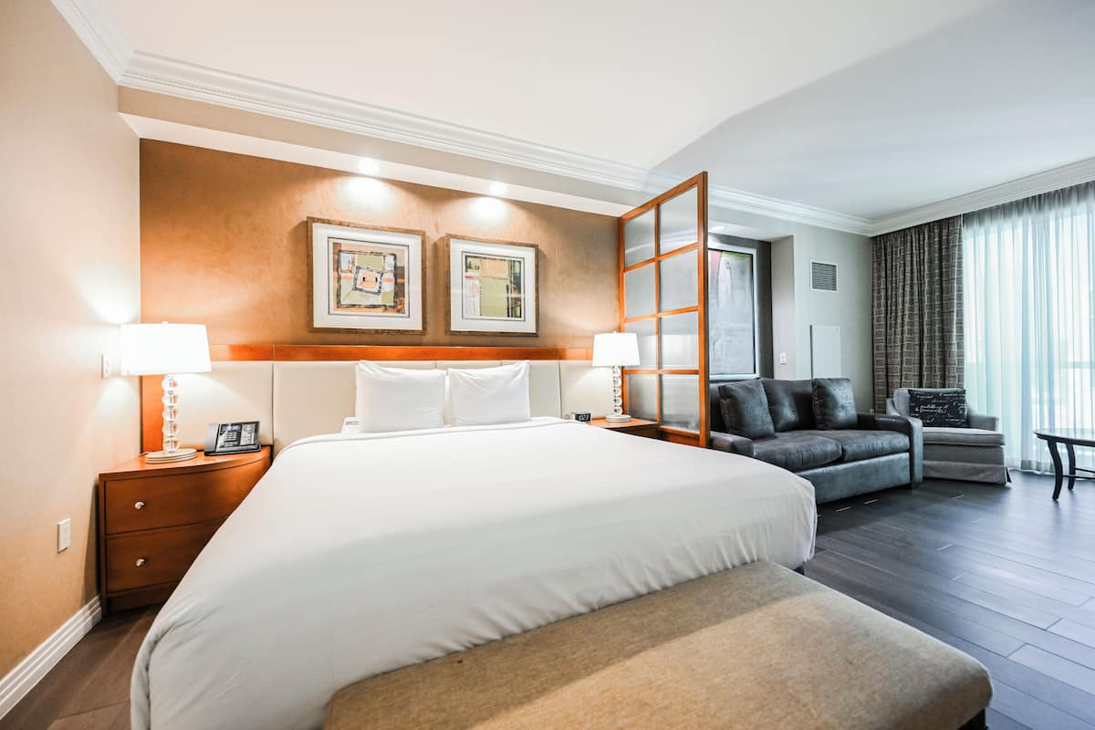 A hotel room with a large bed, a sofa, a desk, and a chair.