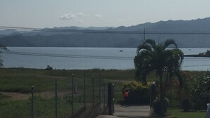 Vista de un lago con montañas al fondo, una persona caminando por un sendero y una palmera.