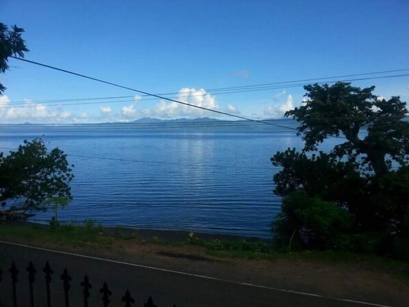 Vista de un lago tranquilo con una carretera en primer plano y árboles a la derecha.