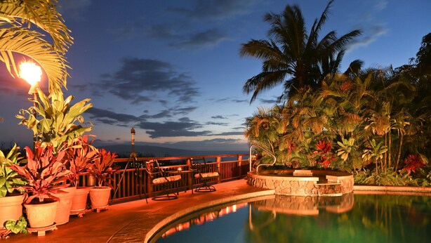 A pool area with a curved edge, potted plants, and outdoor furniture.