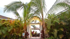 A tropical garden entrance with a covered patio area, palm trees, and a pathway leading to a seating area.