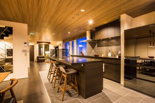 Fridge, coffee/tea maker, electric kettle, toaster