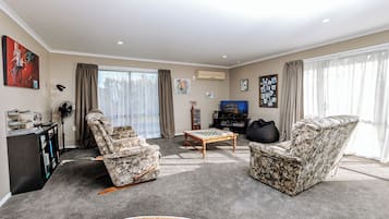 LED TV, DVD player, books, music library