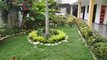 A well-maintained garden with a variety of plants and flowers, a central palm tree, and a pathway lined with rocks.