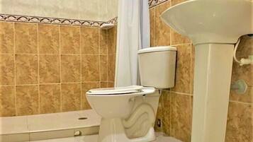 A bathroom with a toilet, a sink, and a shower curtain.