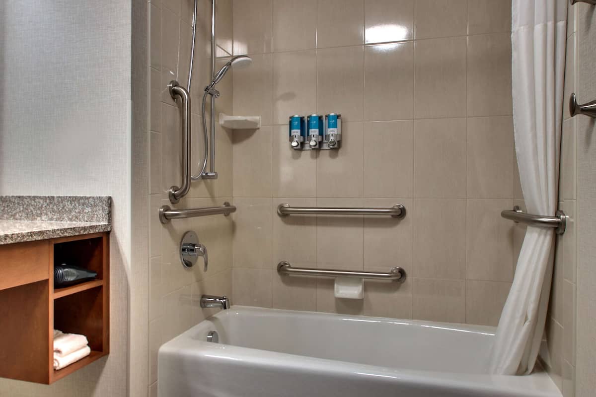 combined shower/bathtub, free toiletries, hair dryer, towels