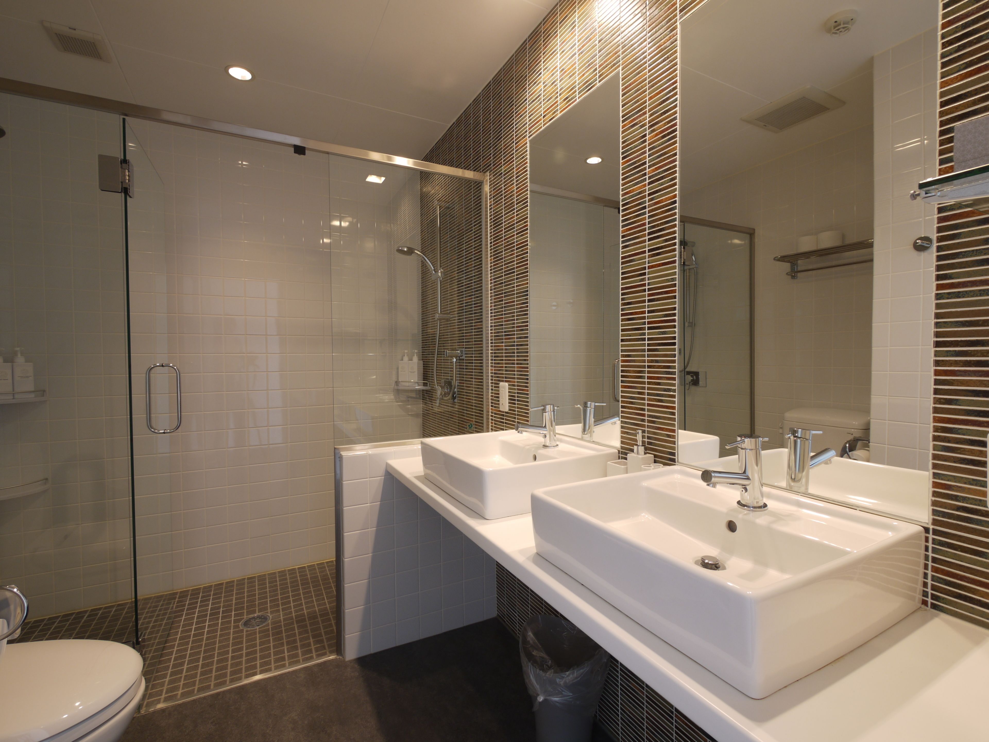 A modern bathroom with two sinks, a glass shower enclosure, and a toilet.