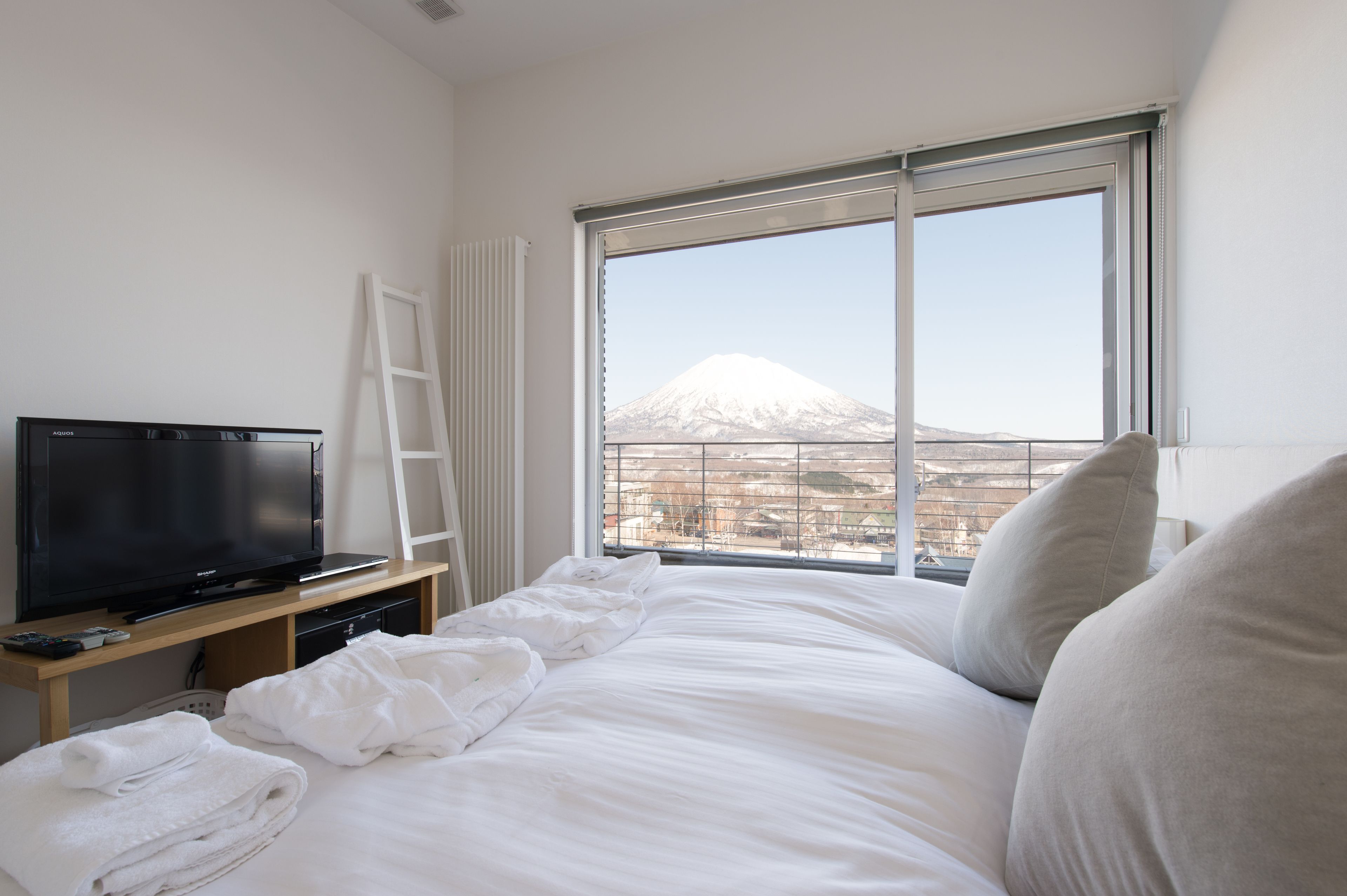 A hotel room with a bed, a television, a ladder, and a view of a mountain.