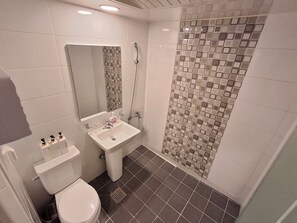 Douche, douche à « effet pluie », sèche-cheveux, serviettes fournies