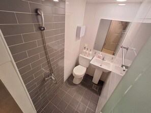 Standaard kamer | Badkamer | Een douche, een regendouche, een haardroger, handdoeken