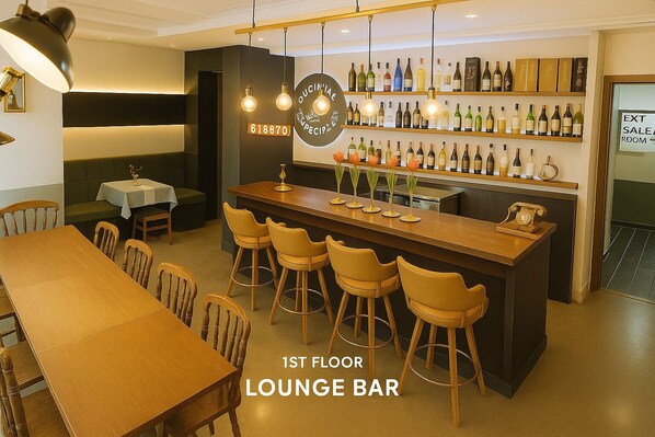A lounge bar on the 1st floor with a bar counter, stools, and a wall of wine bottles. - Shine Hotel (Seoul)