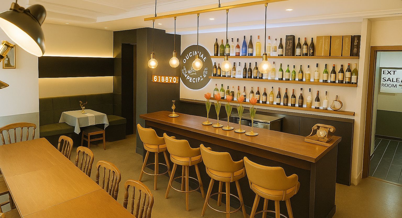 Um bar de lounge no primeiro andar, com balcão, banquetas e uma parede de garrafas de vinho.