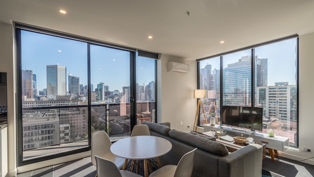 Basic Apartment, 2 Bedrooms, City View | Living area | Flat-screen TV - APC on Bourke (Melbourne)