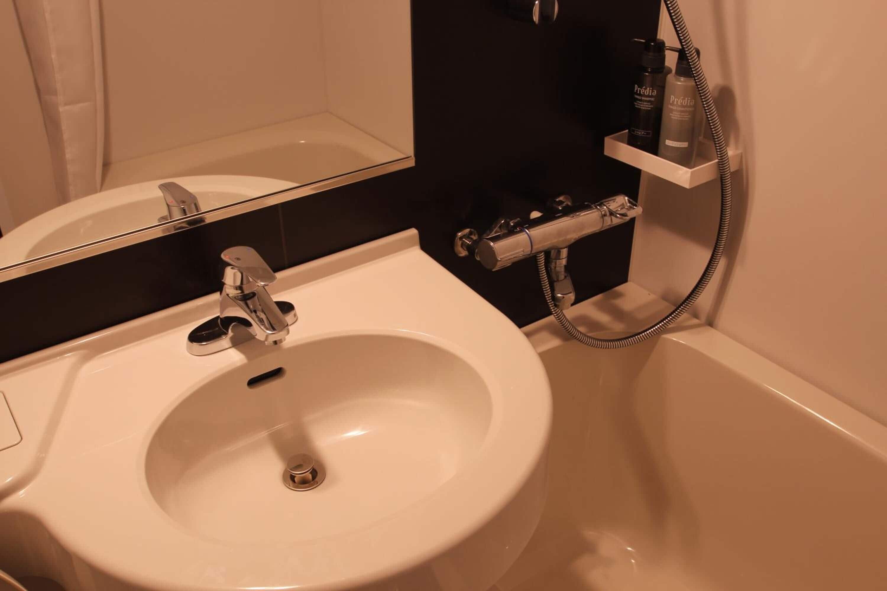 combined shower/bathtub, free toiletries, hair dryer, slippers