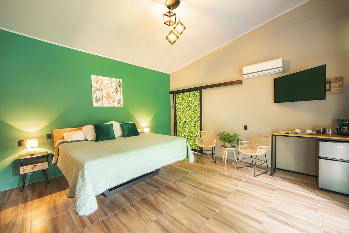 A modern bedroom with a bed, bedside table, lamp, and a green wall with a plant.