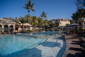Outdoor pool, pool umbrellas, pool loungers