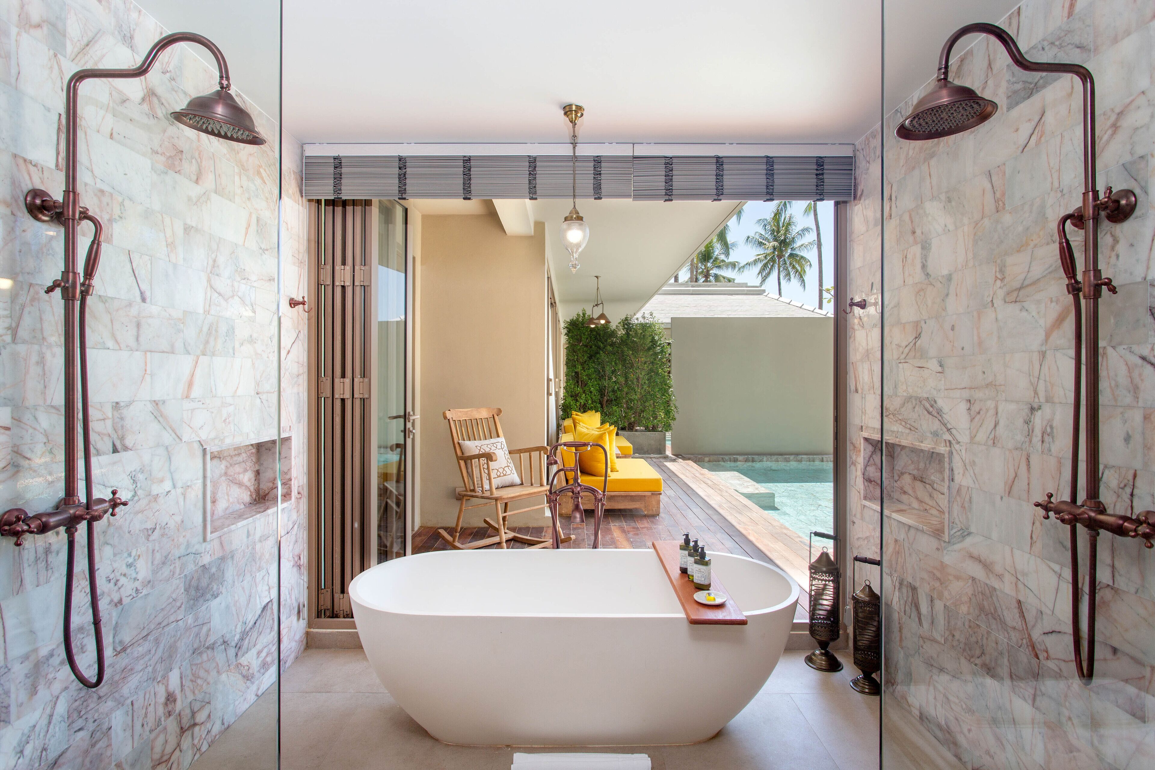beach pool villa | bathroom | separate bathtub and shower, deep-soaking bathtub, rainfall showerhead