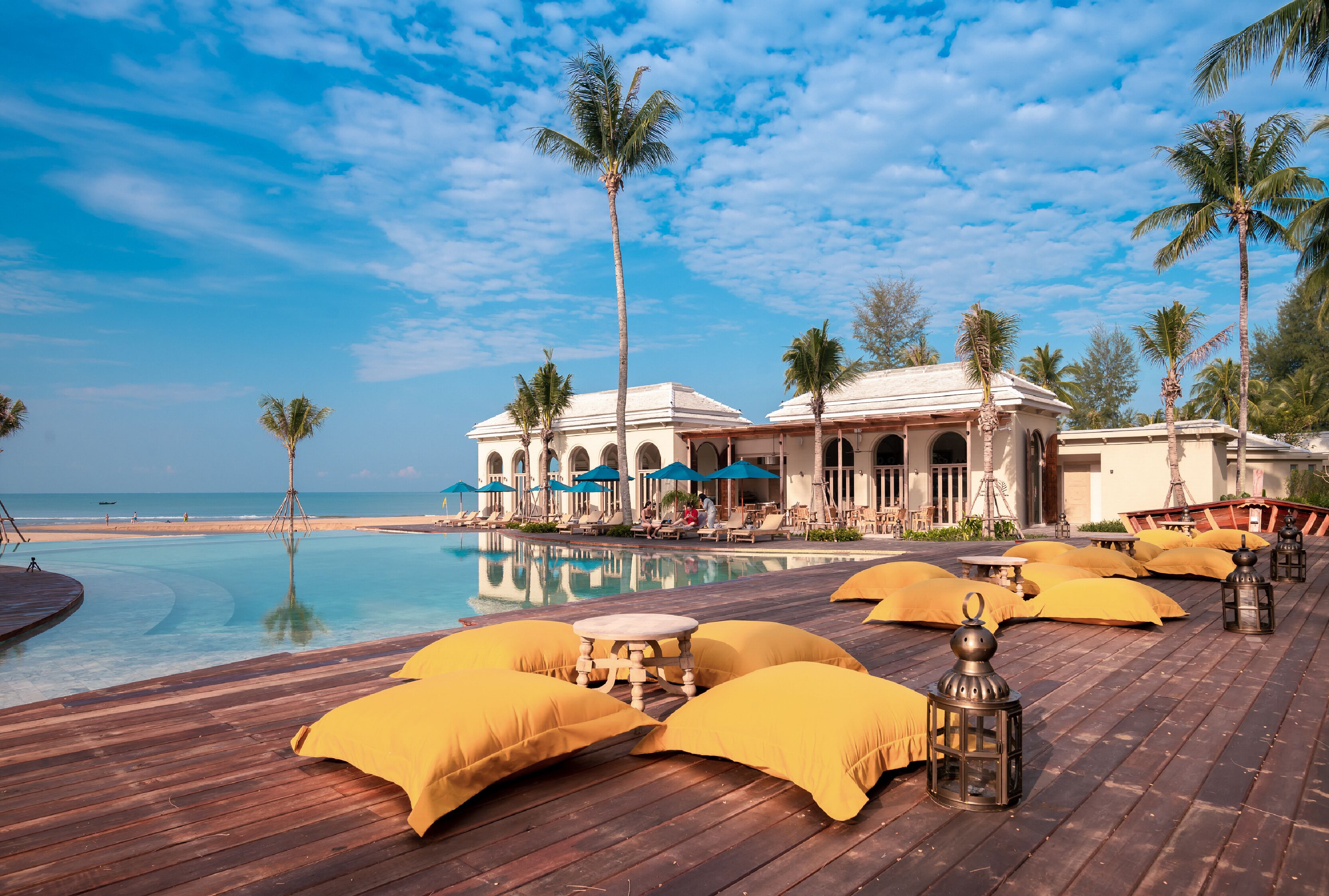 Outdoor pool, pool umbrellas, pool loungers