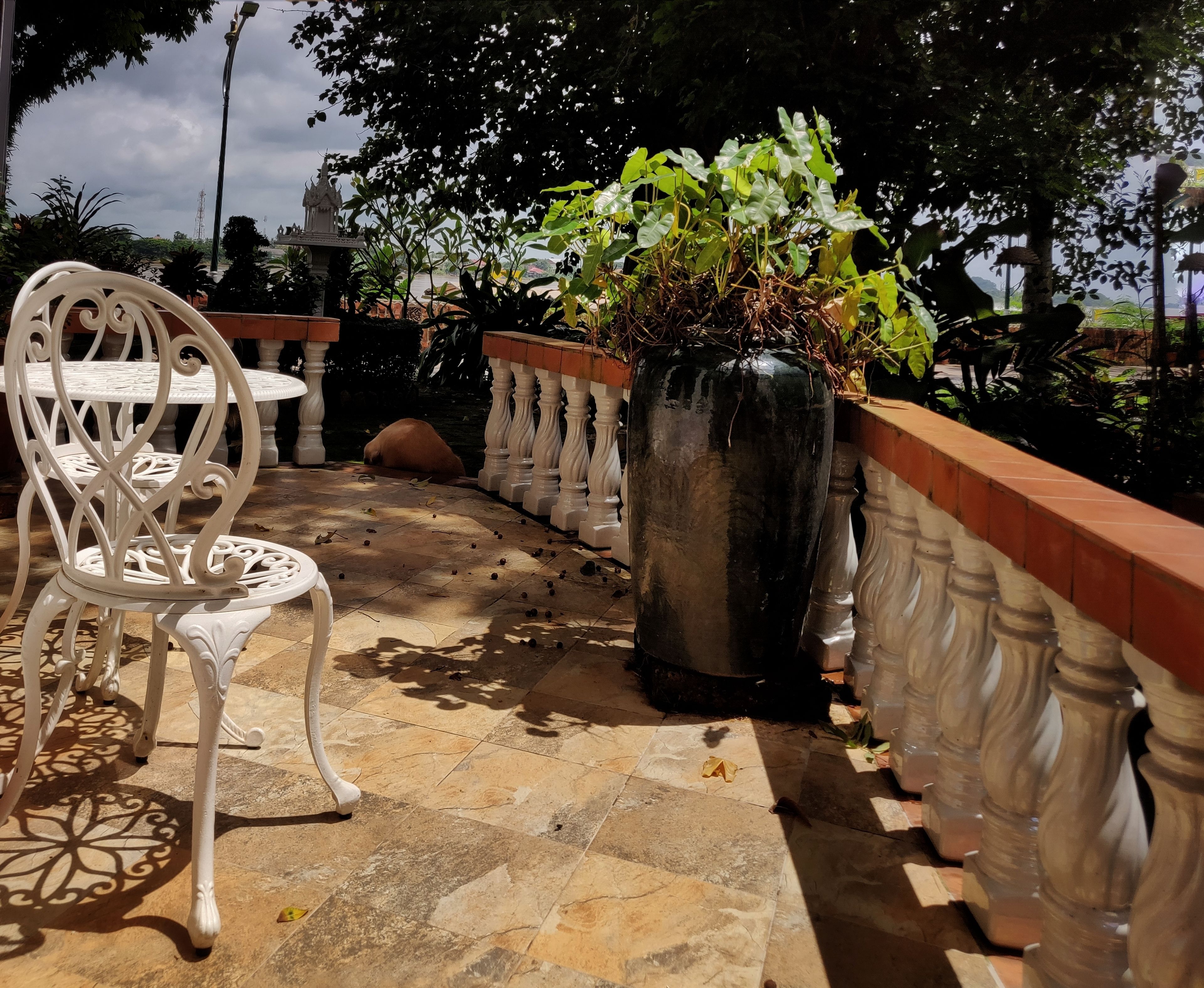 A white outdoor seating area with a decorative chair and a large planter with green foliage.