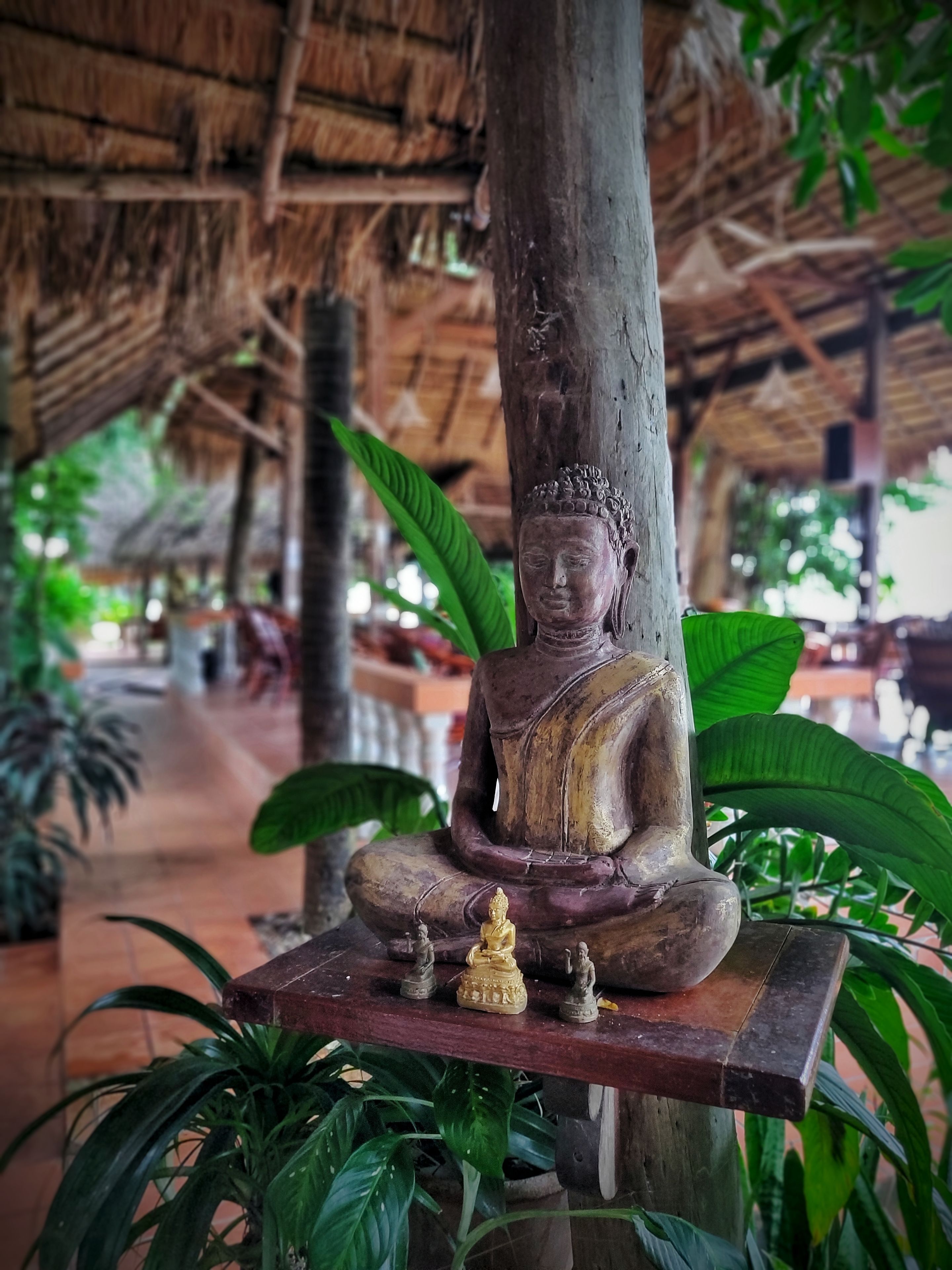 Una estatua de Buda en actitud meditativa, rodeada de follaje y una estructura con techo de paja.