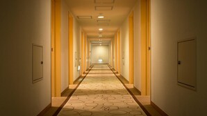 Um corredor de hotel comprido e estreito, com carpete estampado, portas em ambos os lados e iluminação embutida no teto.